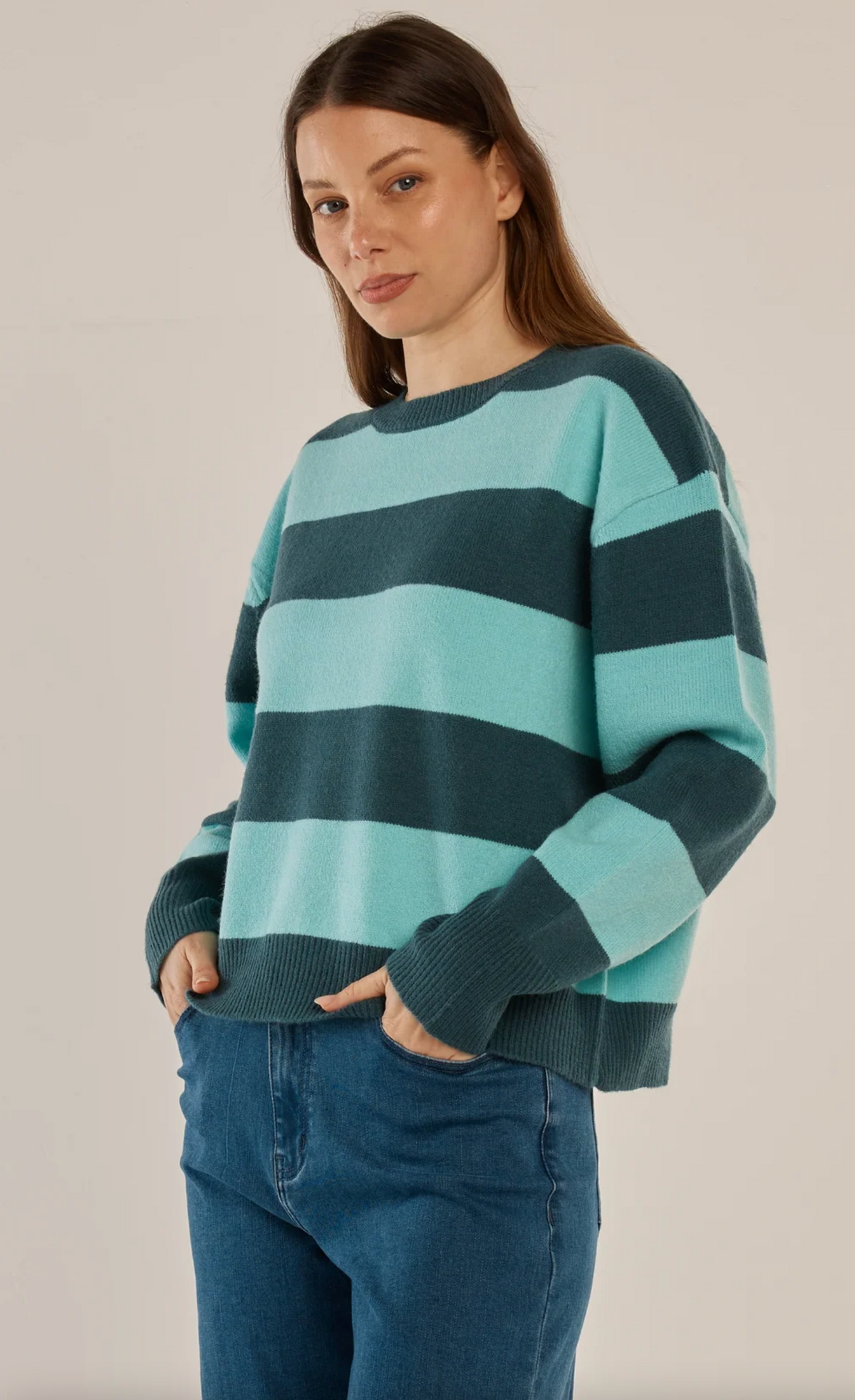 Leonie Knit Sweater ~ Teal Green/Blue Stipe