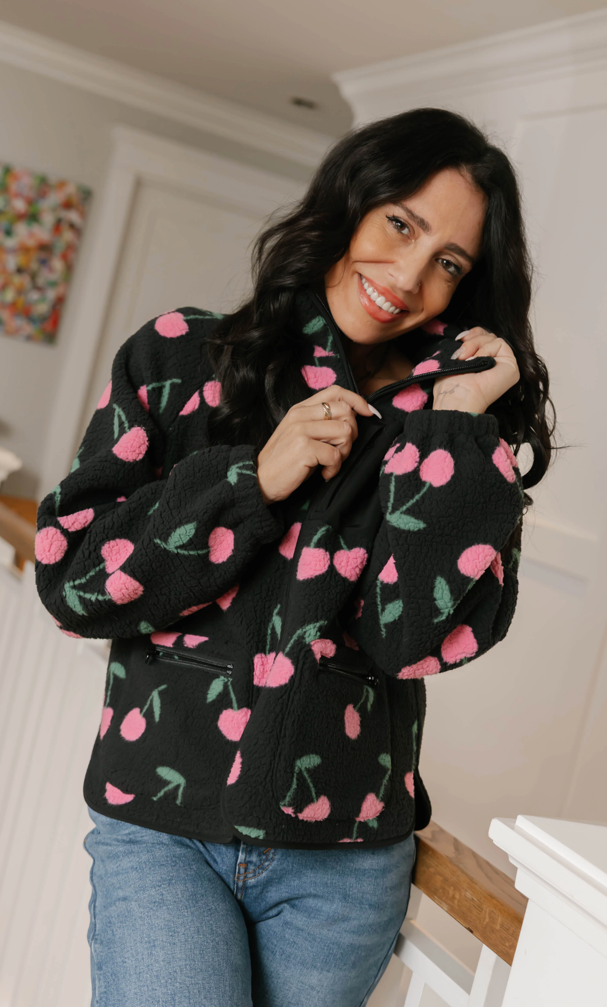 Teddy Zip Up Jacket ~ Black/Pink Cherry