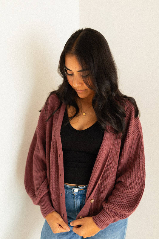 Ladies Knit Button Cardigan: Dusty Fig